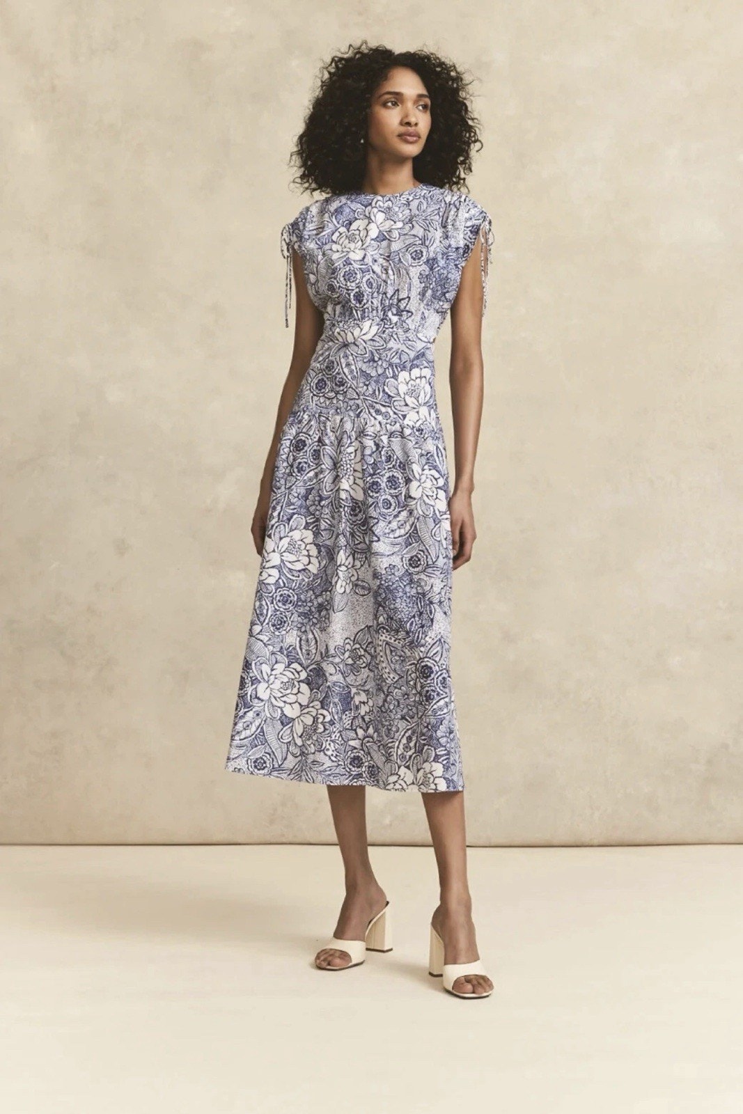 Pearl By Lela Rose Lapis Floral Voile Midi Dress With Cutouts & Ruching Sz 6 Euc